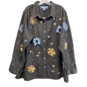Liz & Me Womens Size 3X Dark Denim Embroidered Cotton Button Up Shirt Bohemian